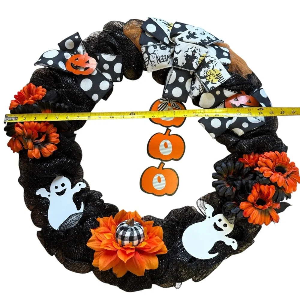 Black Glitter Mesh Halloween Wreath with Orange Flowers Haunted House Ribbon 25